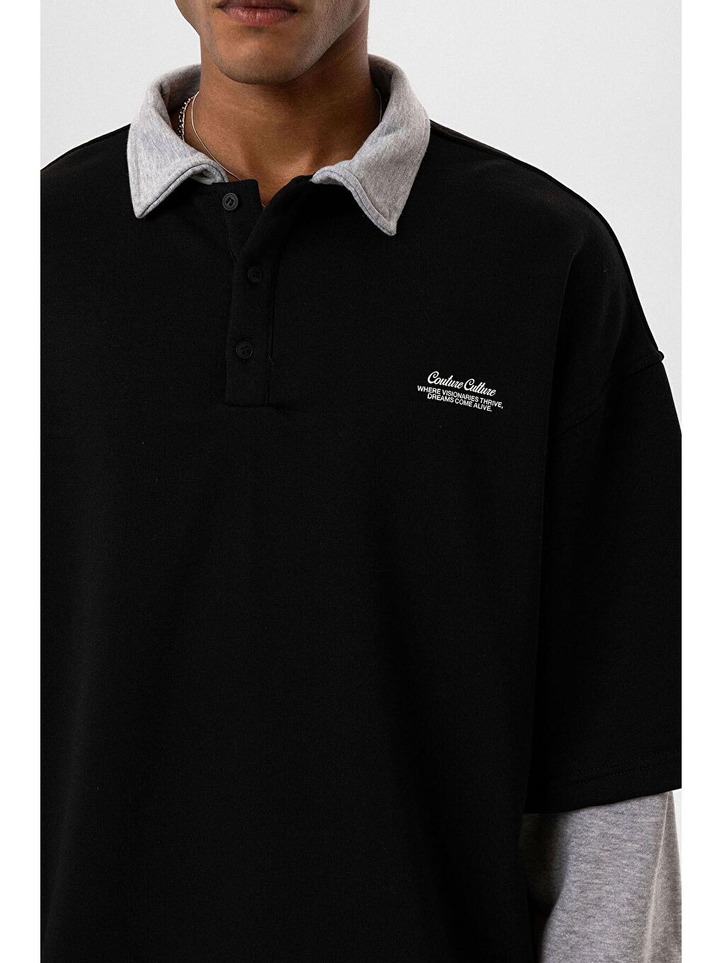 Polo Yaka Çift Kol Detaylı Oversize Sweatsıhrt Siyah-4