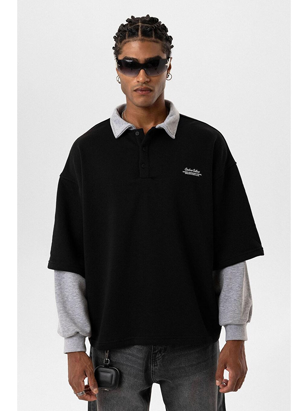 Polo Yaka Çift Kol Detaylı Oversize Sweatsıhrt Siyah-5