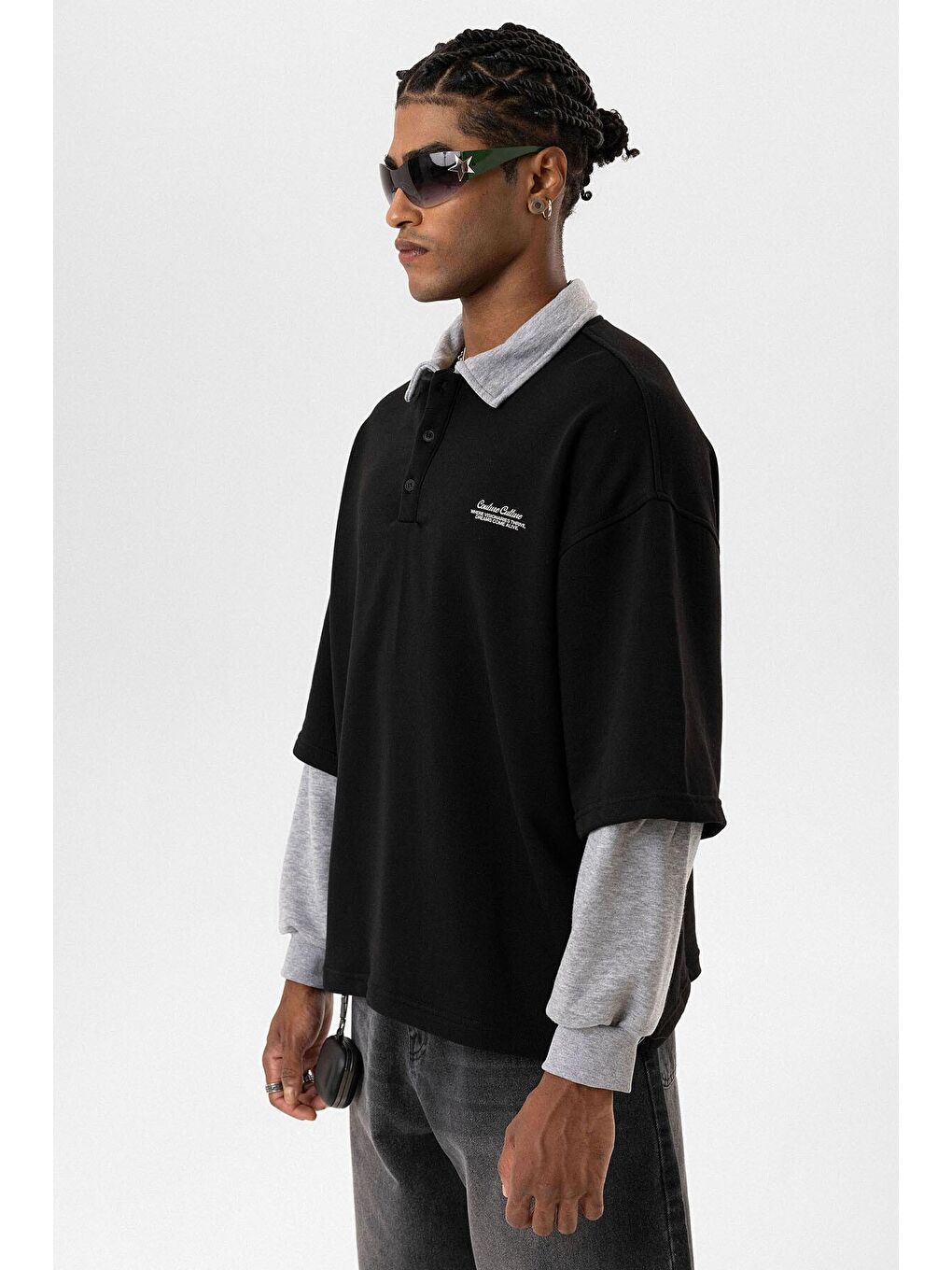 Polo Yaka Çift Kol Detaylı Oversize Sweatsıhrt Siyah-7