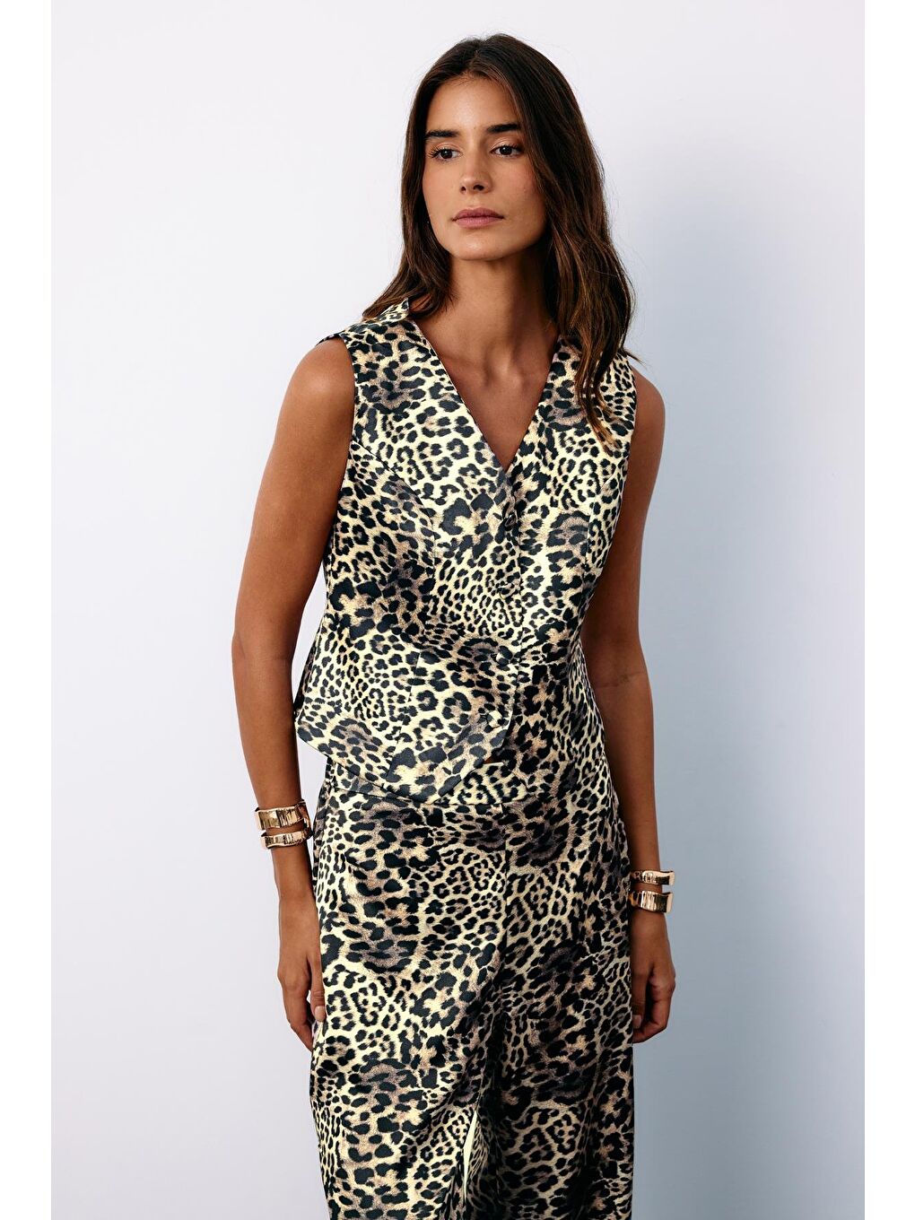 Kruvaze Leopar Saten Yelek - Gri-3