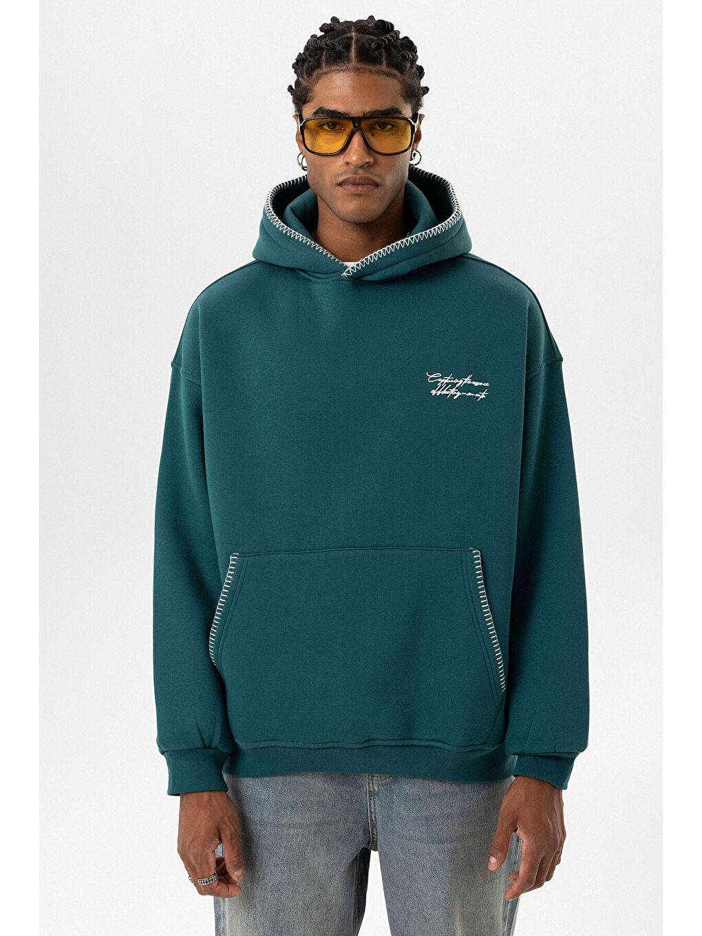 Yazı Detaylı Kapüşonlu Oversize Swaetshırt Petrol