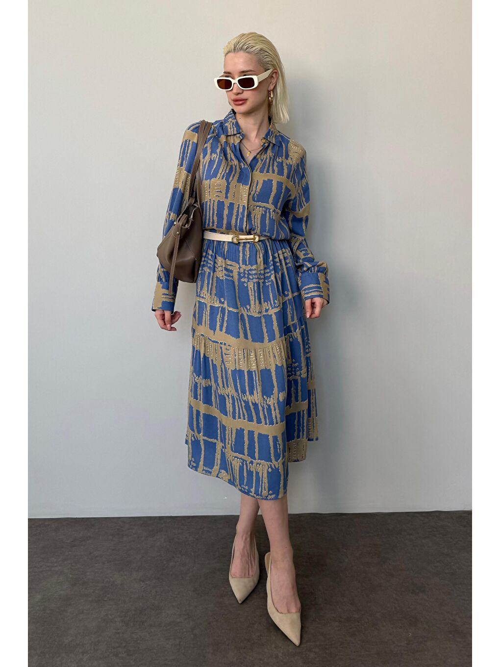 İndigo Uzun Kollu Düğmeli Desenli Elbise Mg2430-4