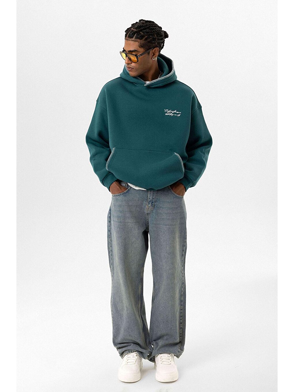 Yazı Detaylı Kapüşonlu Oversize Swaetshırt Petrol-2