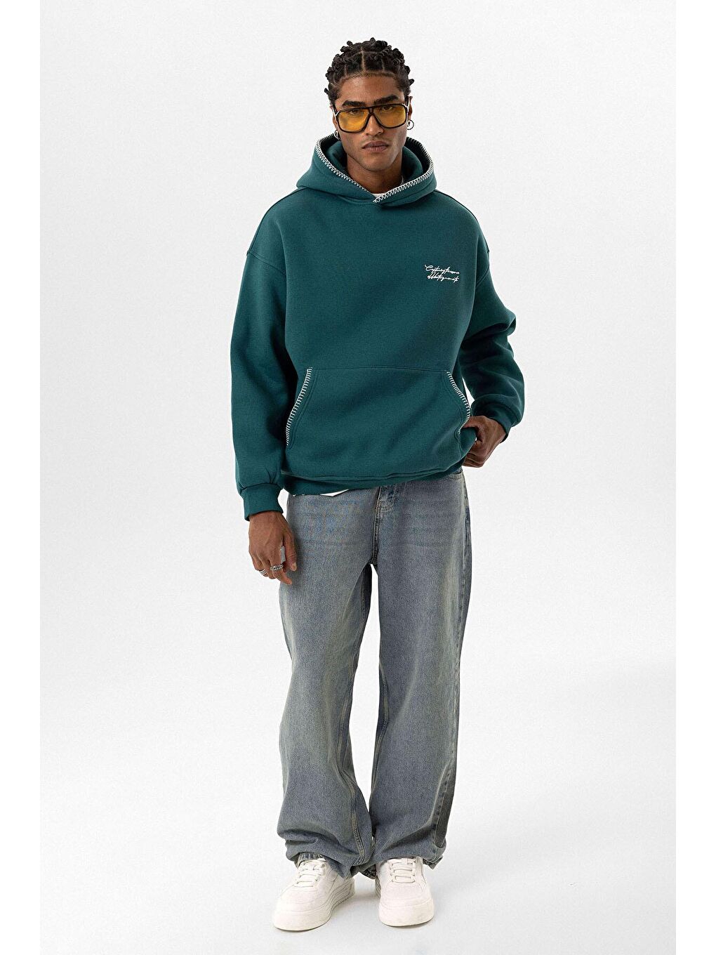 Yazı Detaylı Kapüşonlu Oversize Swaetshırt Petrol-3