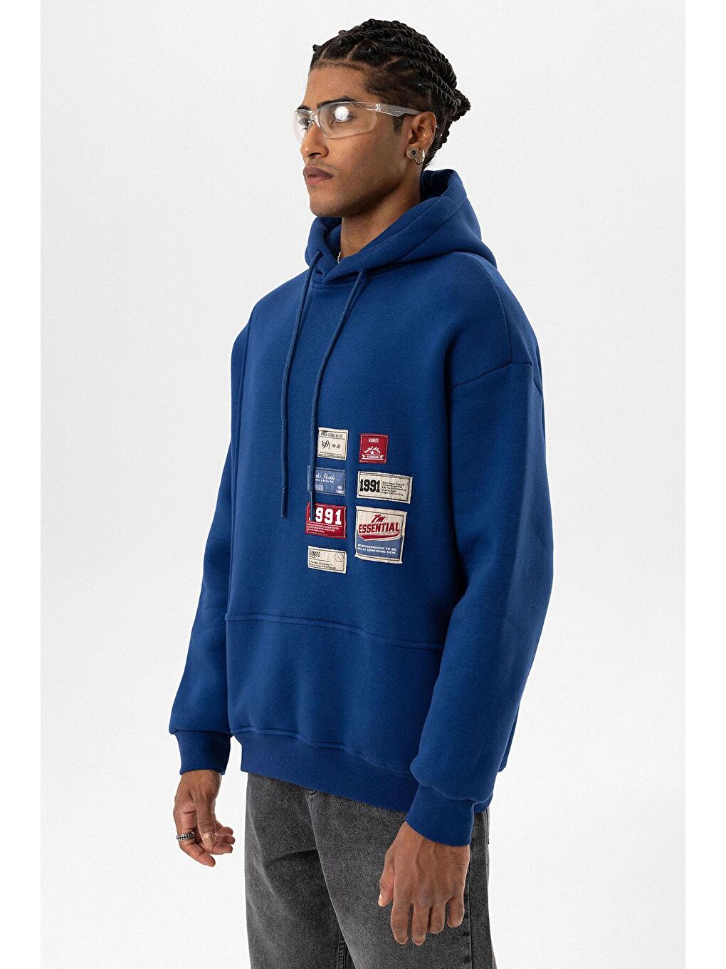 Etiket Detaylı Oversize Erkek Kapüşonlu Sweatshirt Hoodie İndigo-2