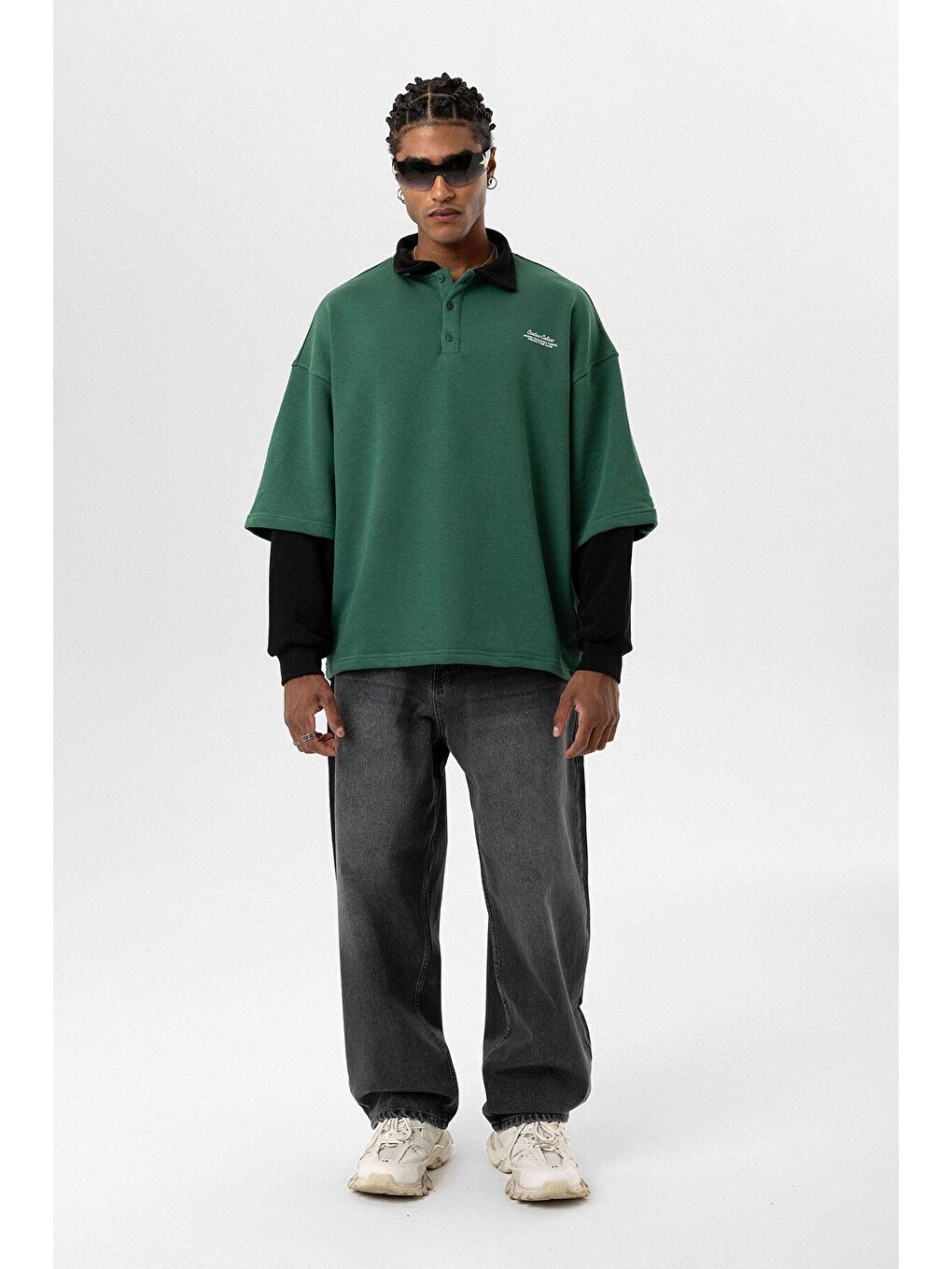 Yeşil Polo Yaka Çift Kol Detaylı Oversize Sweatsıhrt Nefti