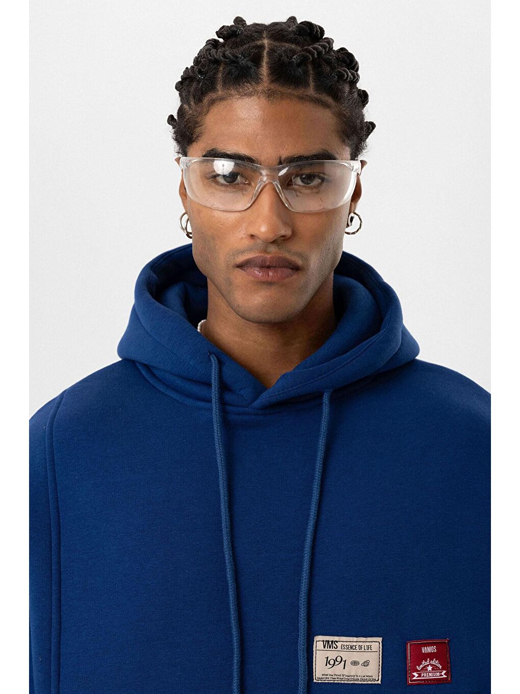 Etiket Detaylı Oversize Erkek Kapüşonlu Sweatshirt Hoodie İndigo-3