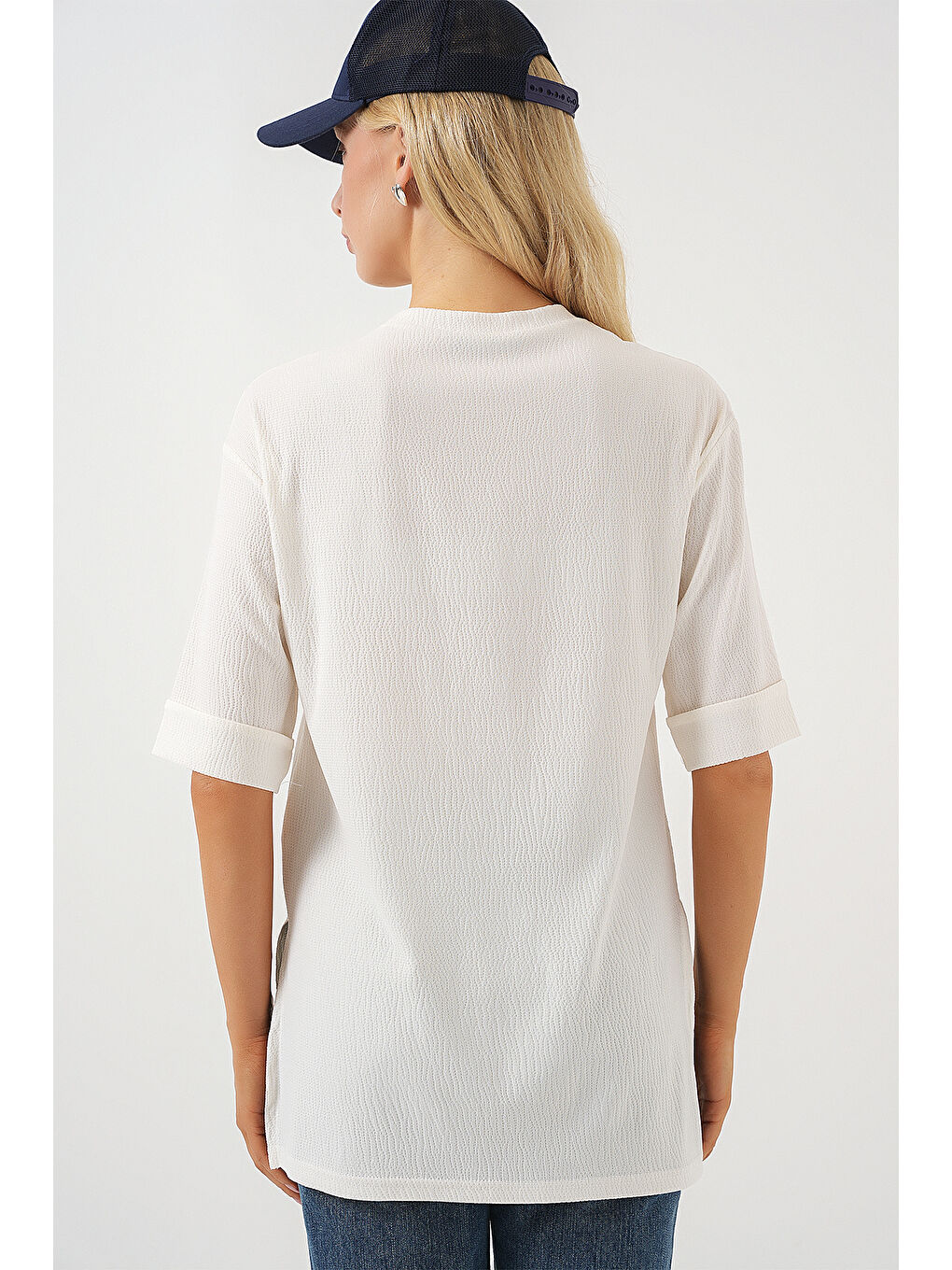 4332 Yanı Yırtmaçlı Örme Tişört - Beyaz-5