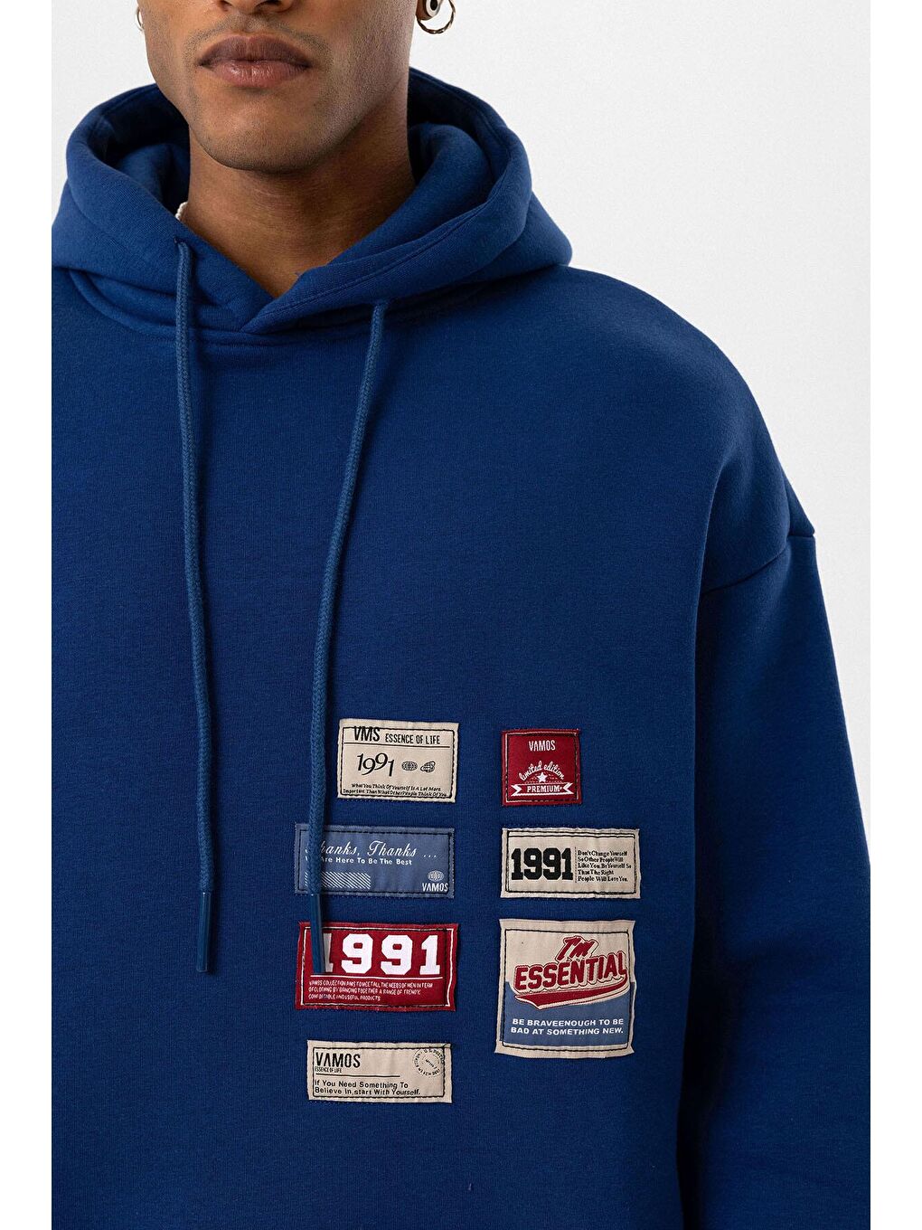 Etiket Detaylı Oversize Erkek Kapüşonlu Sweatshirt Hoodie İndigo-4