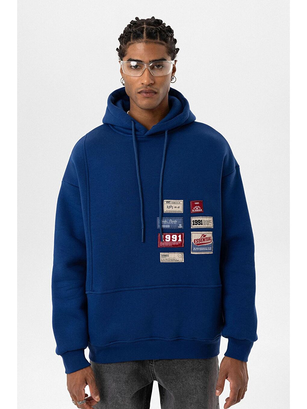 Etiket Detaylı Oversize Erkek Kapüşonlu Sweatshirt Hoodie İndigo-5