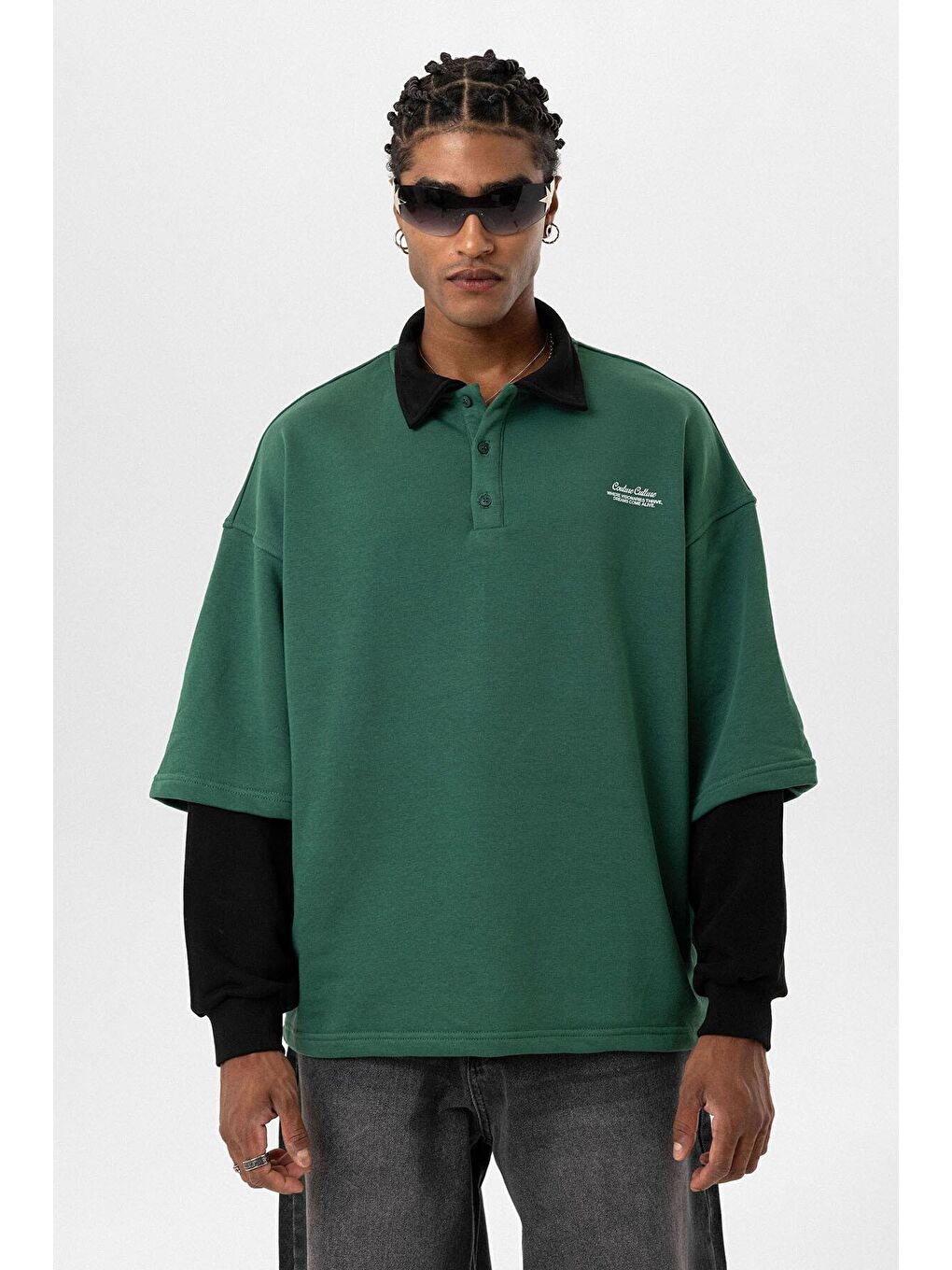 Yeşil Polo Yaka Çift Kol Detaylı Oversize Sweatsıhrt Nefti-2