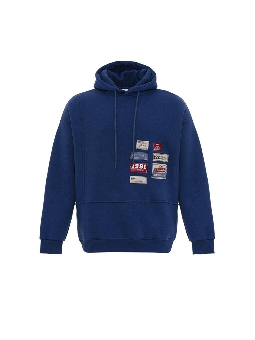 Etiket Detaylı Oversize Erkek Kapüşonlu Sweatshirt Hoodie İndigo-6