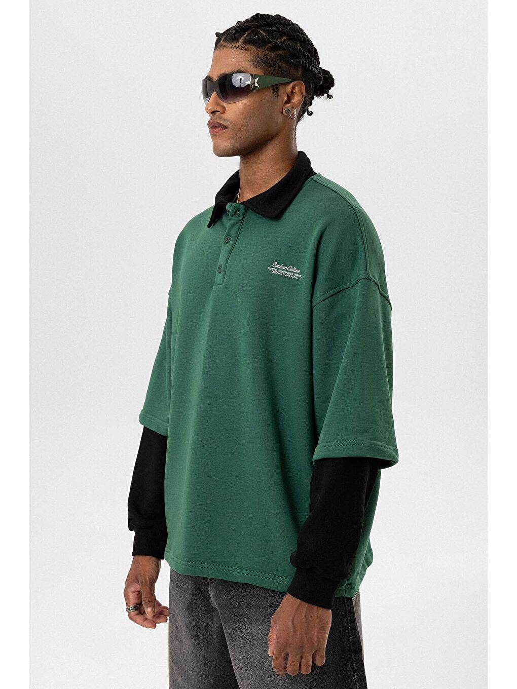 Yeşil Polo Yaka Çift Kol Detaylı Oversize Sweatsıhrt Nefti-3