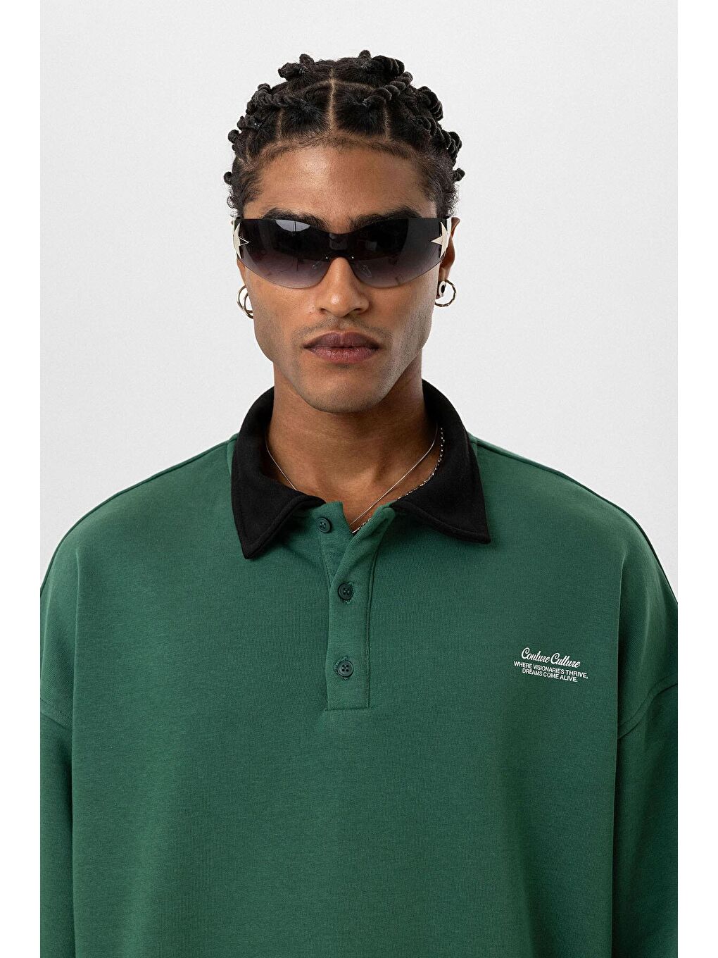 Yeşil Polo Yaka Çift Kol Detaylı Oversize Sweatsıhrt Nefti-4