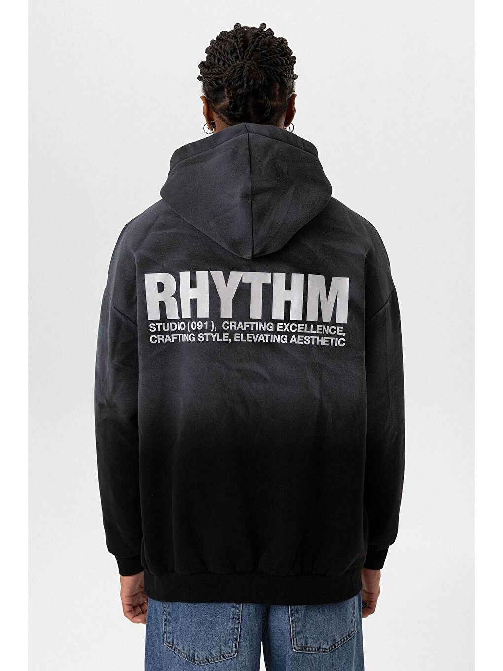 Siyah Arka Baskılı Oversize Kapüşonlu  Erkek Hoodie-3