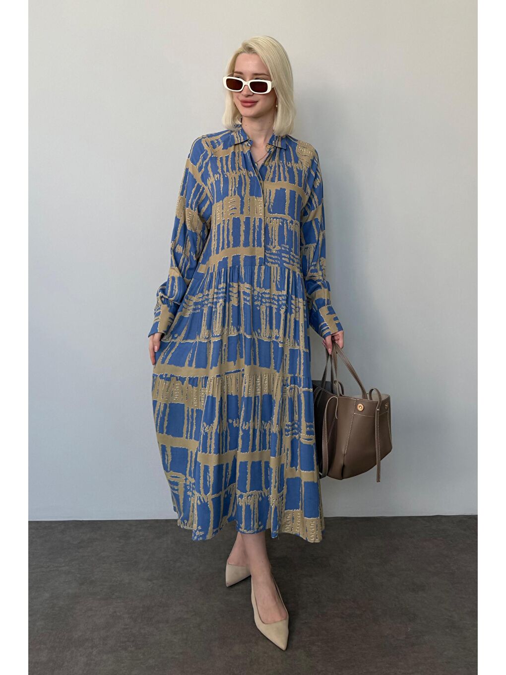 İndigo Uzun Kollu Düğmeli Desenli Elbise Mg2430-5