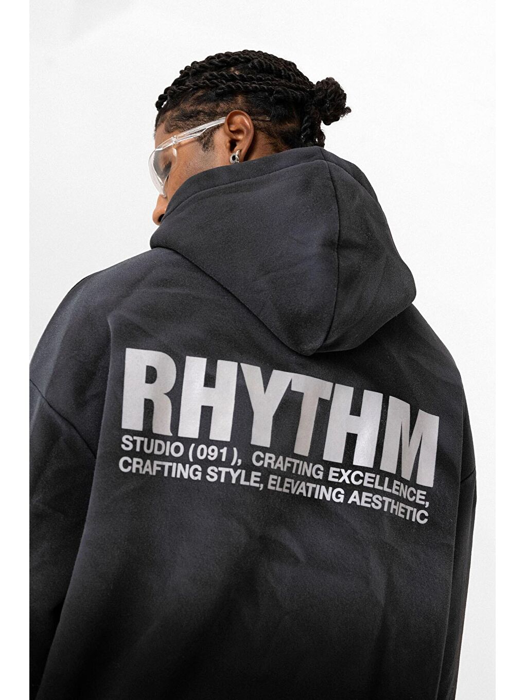 Siyah Arka Baskılı Oversize Kapüşonlu  Erkek Hoodie-4