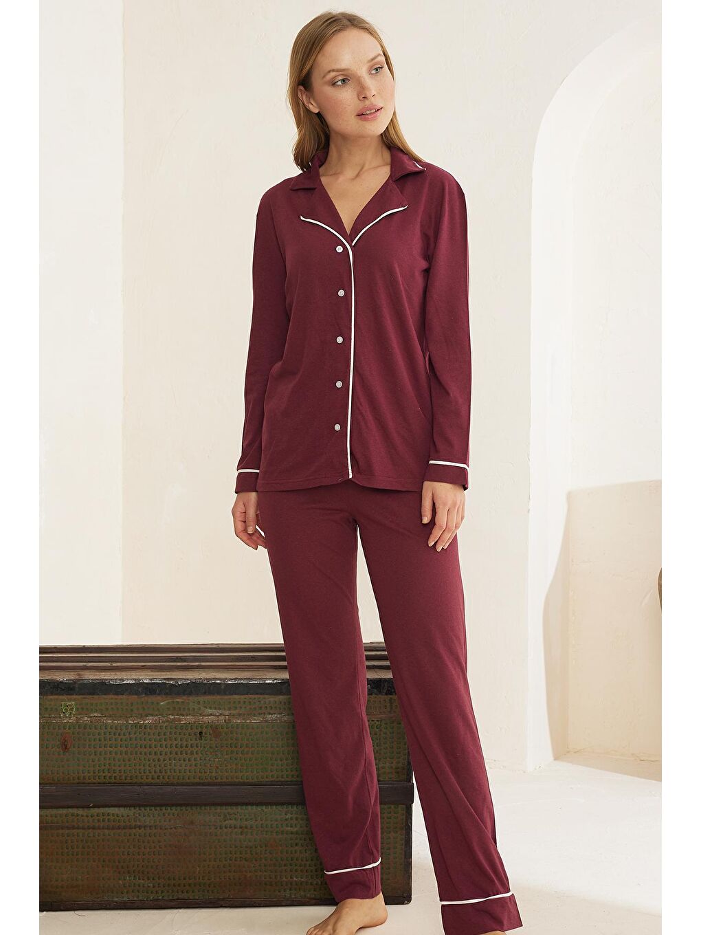 Mor Pamuklu Düğmeli Biyeli Pijama Takım-1