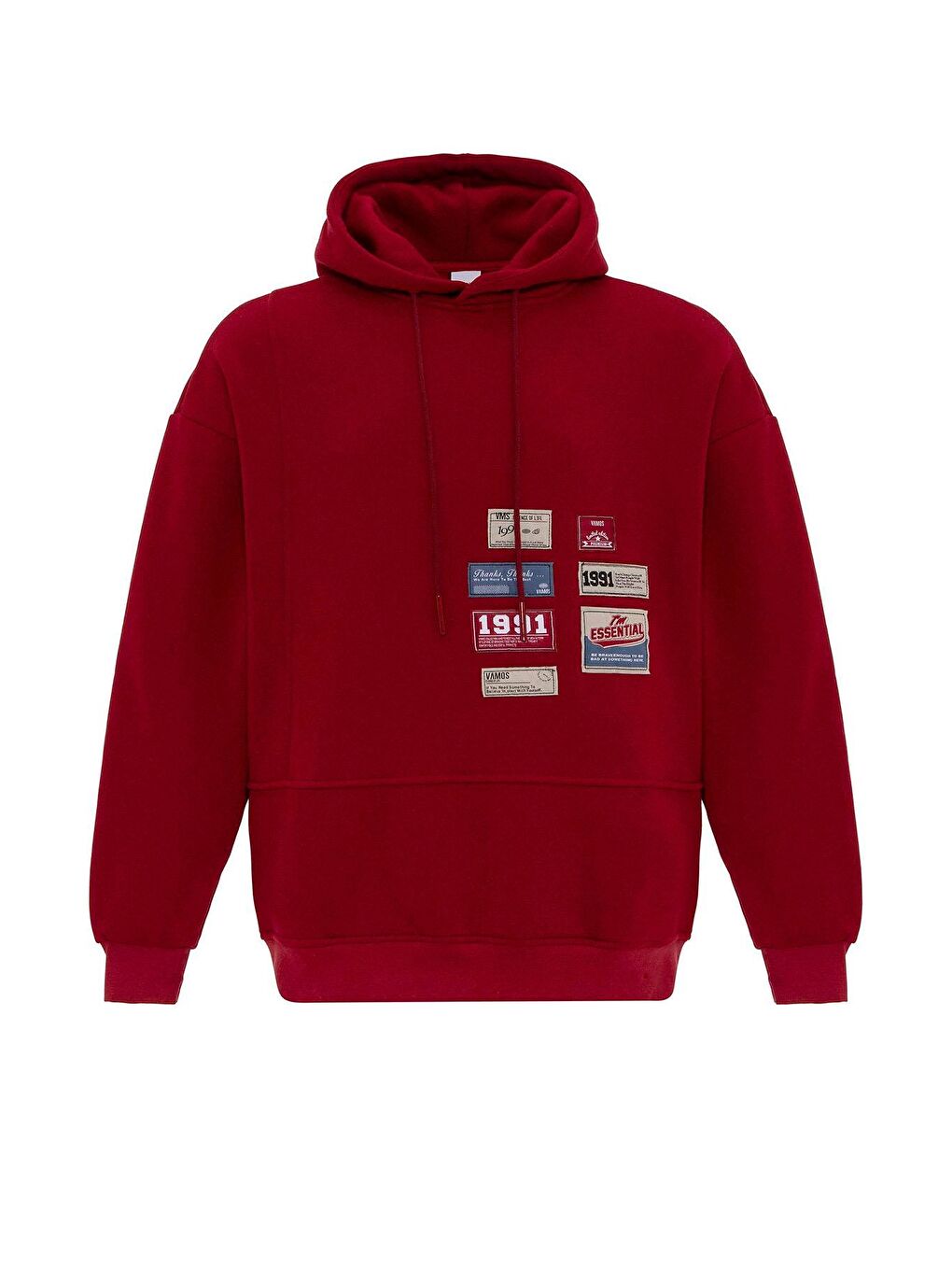 Etiket Detaylı Oversize Erkek Kapüşonlu Sweatshirt Hoodie Bordo-1