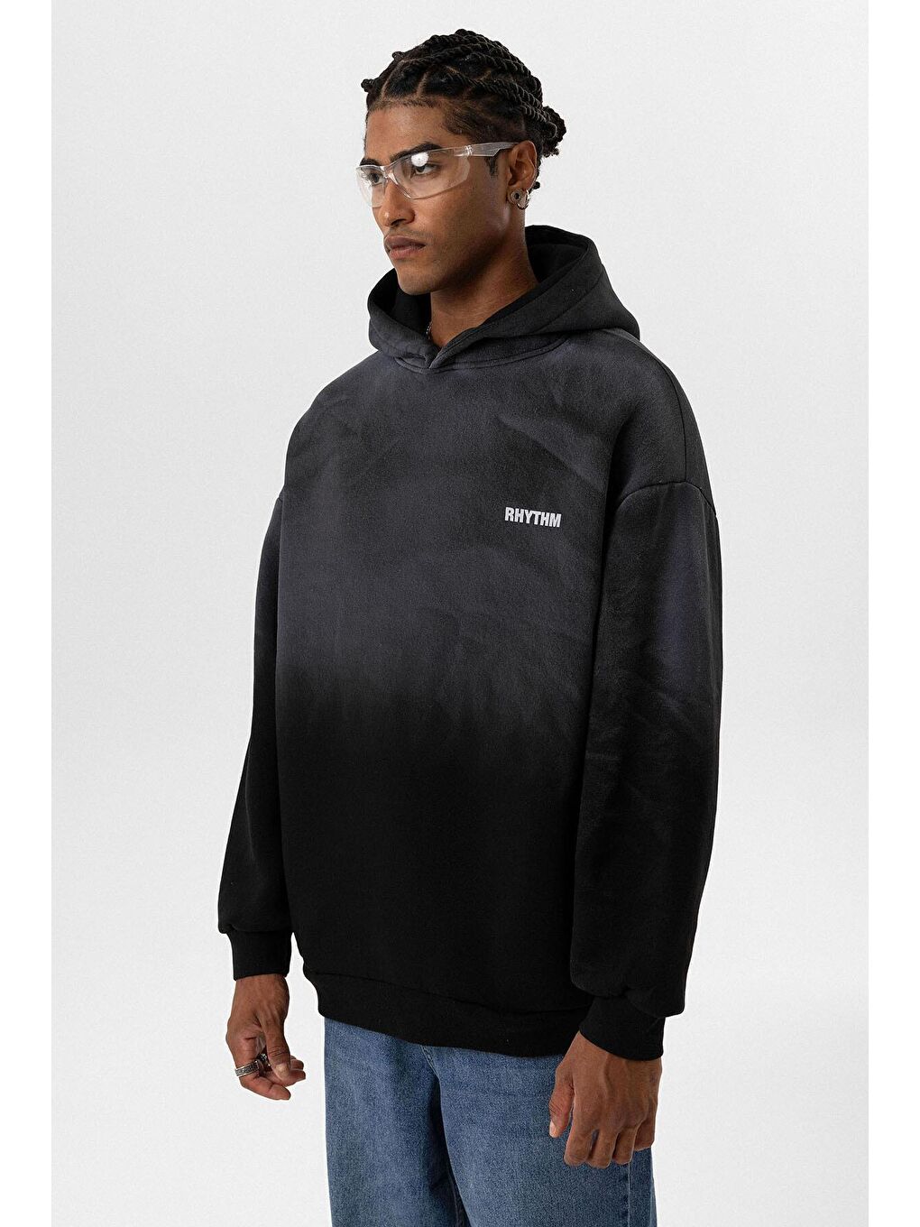 Siyah Arka Baskılı Oversize Kapüşonlu  Erkek Hoodie-7