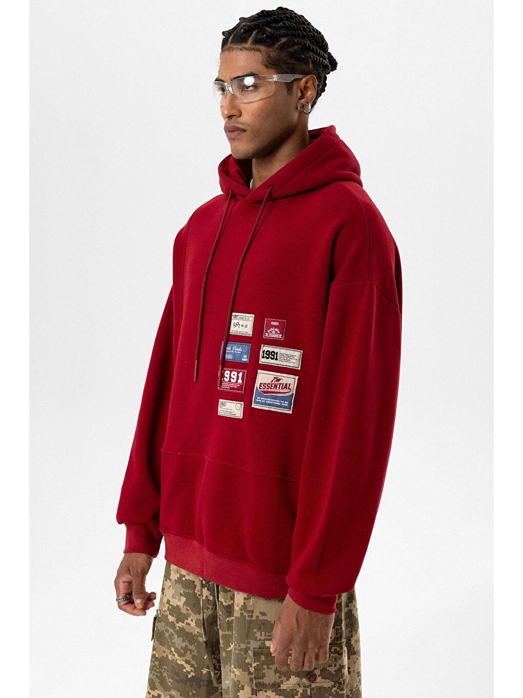 Etiket Detaylı Oversize Erkek Kapüşonlu Sweatshirt Hoodie Bordo-3