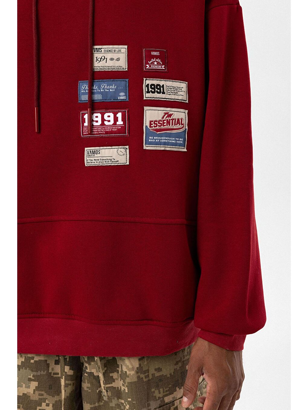 Etiket Detaylı Oversize Erkek Kapüşonlu Sweatshirt Hoodie Bordo-4