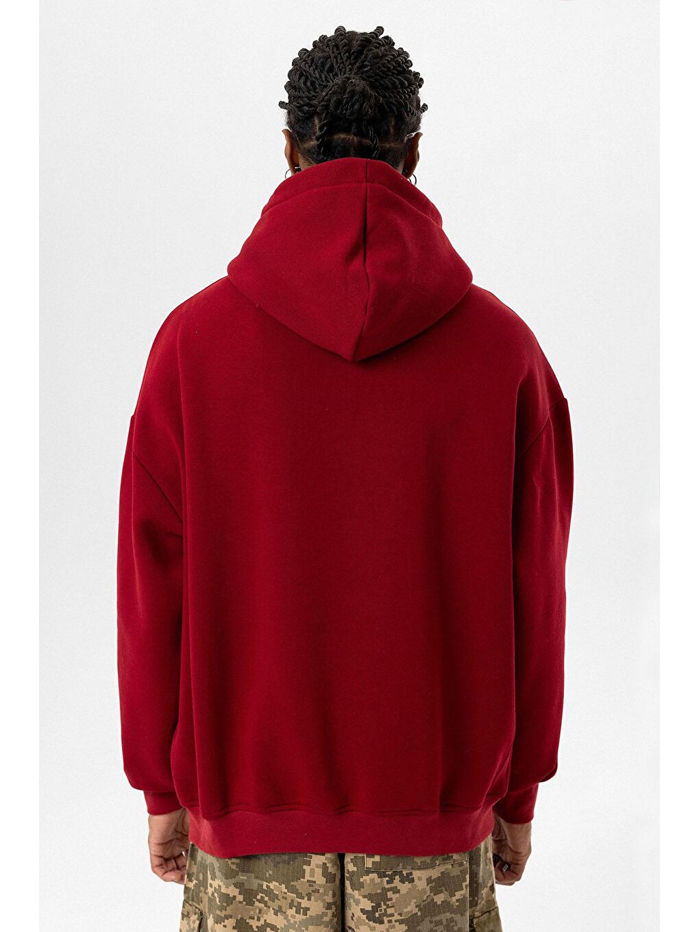 Etiket Detaylı Oversize Erkek Kapüşonlu Sweatshirt Hoodie Bordo-5