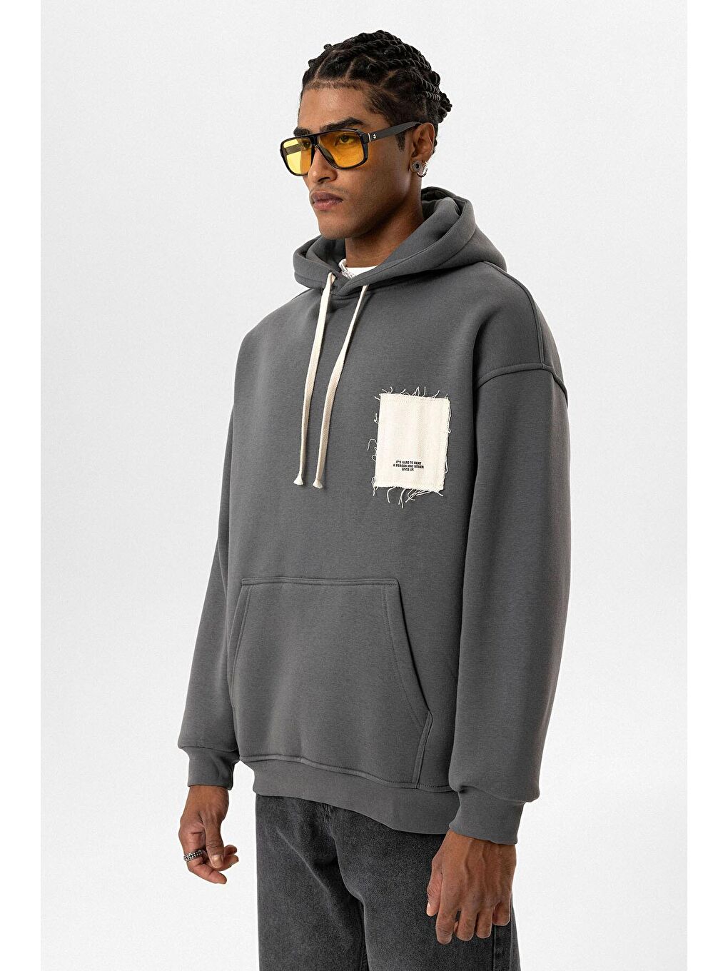 Gri Etiket Detaylı Oversize Kapüşonlu  Erkek Hoodie-3