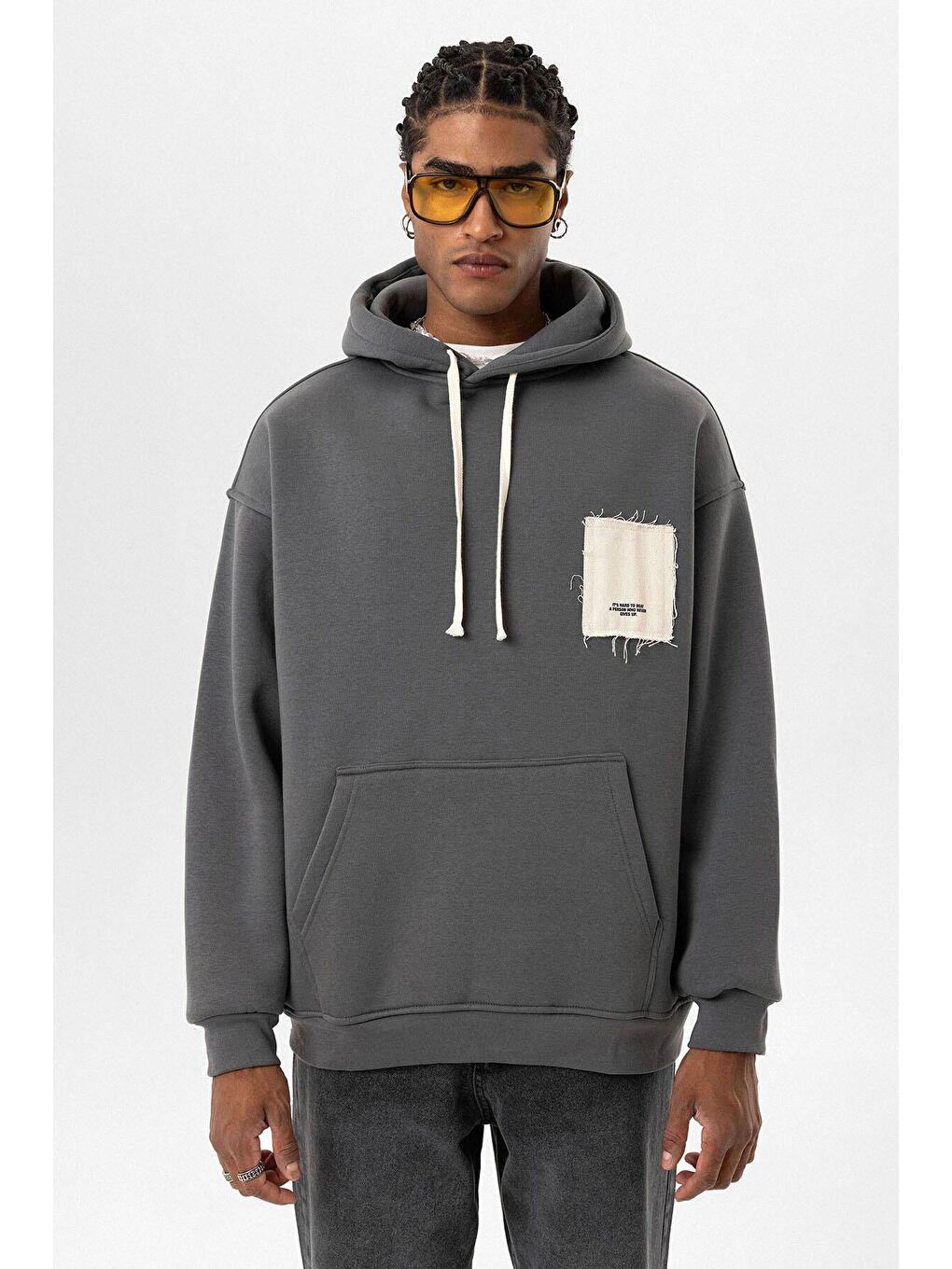 Gri Etiket Detaylı Oversize Kapüşonlu  Erkek Hoodie-5