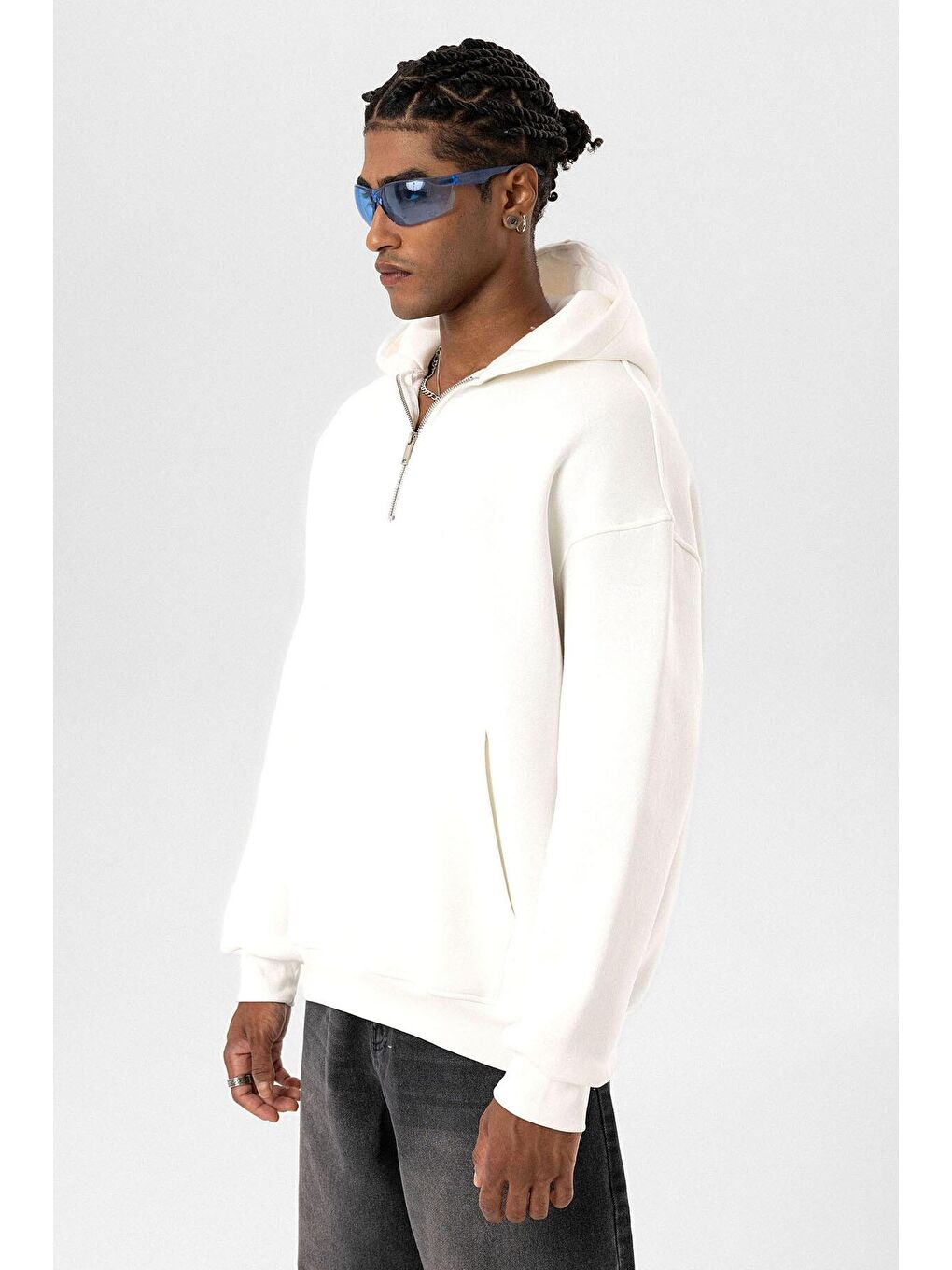 Ekru Basic Oversize Fermuar Detaylı Kapüşonlu  Erkek Hoodie-2