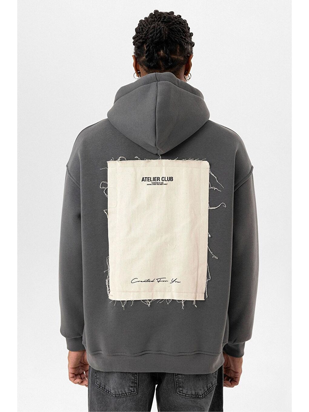 Gri Etiket Detaylı Oversize Kapüşonlu  Erkek Hoodie-7