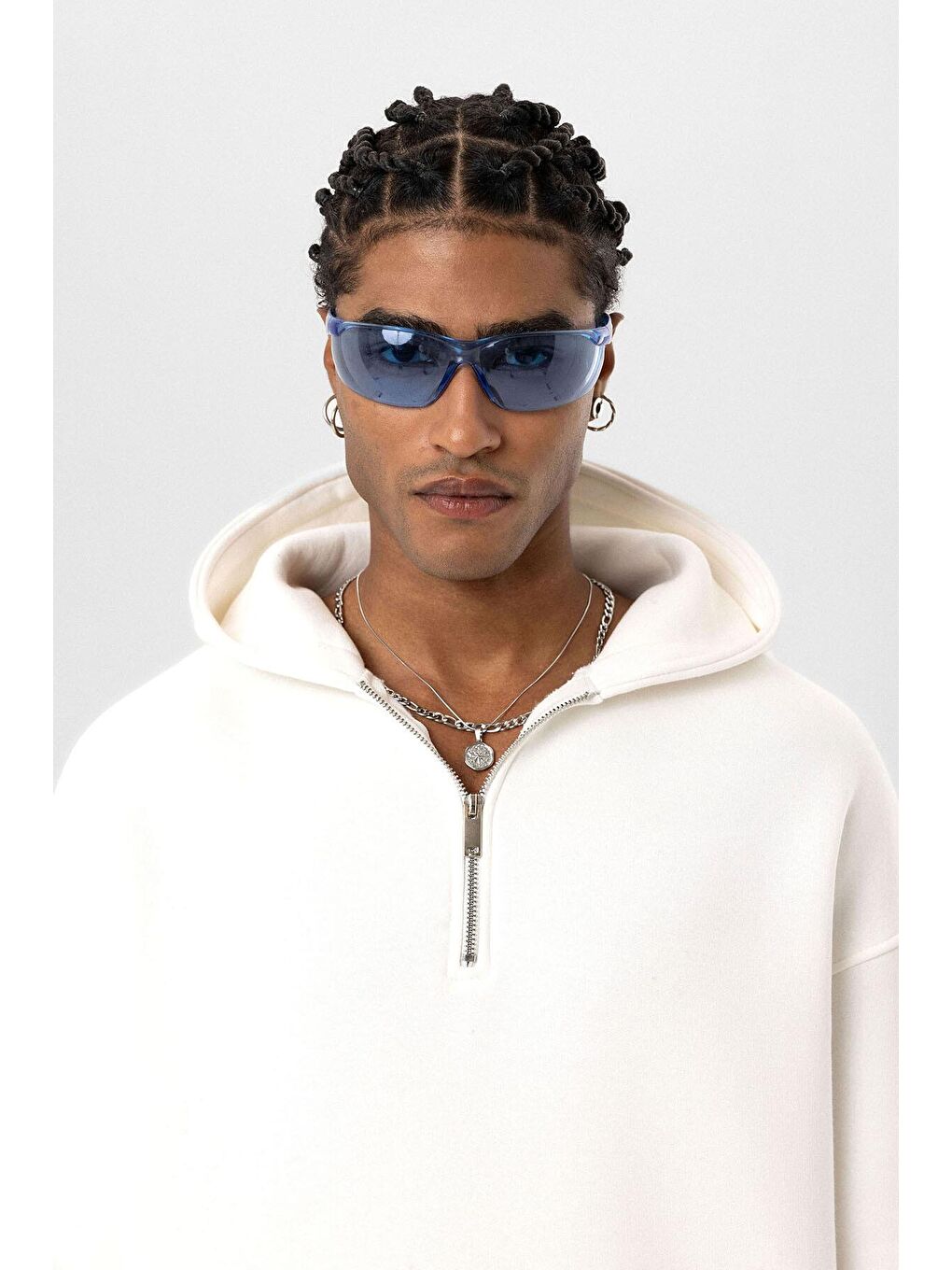 Ekru Basic Oversize Fermuar Detaylı Kapüşonlu  Erkek Hoodie-4