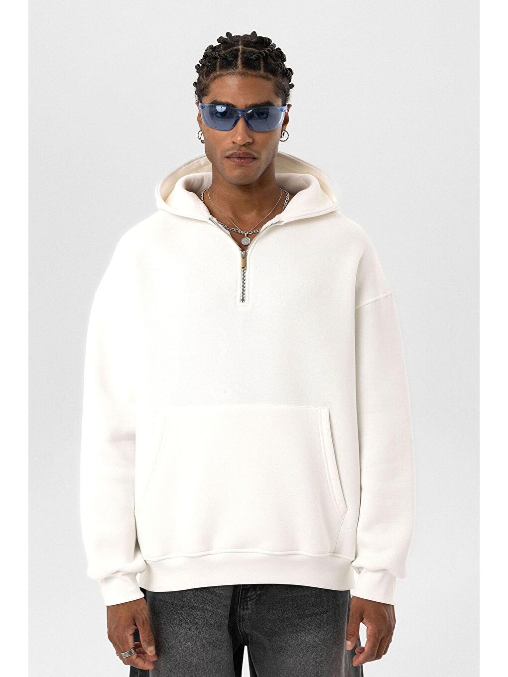 Ekru Basic Oversize Fermuar Detaylı Kapüşonlu  Erkek Hoodie-5