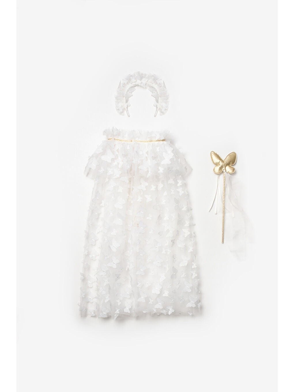Ekru Kelebek Aplikeli Kız Çocuk Pelerin Asa Taç Set-1