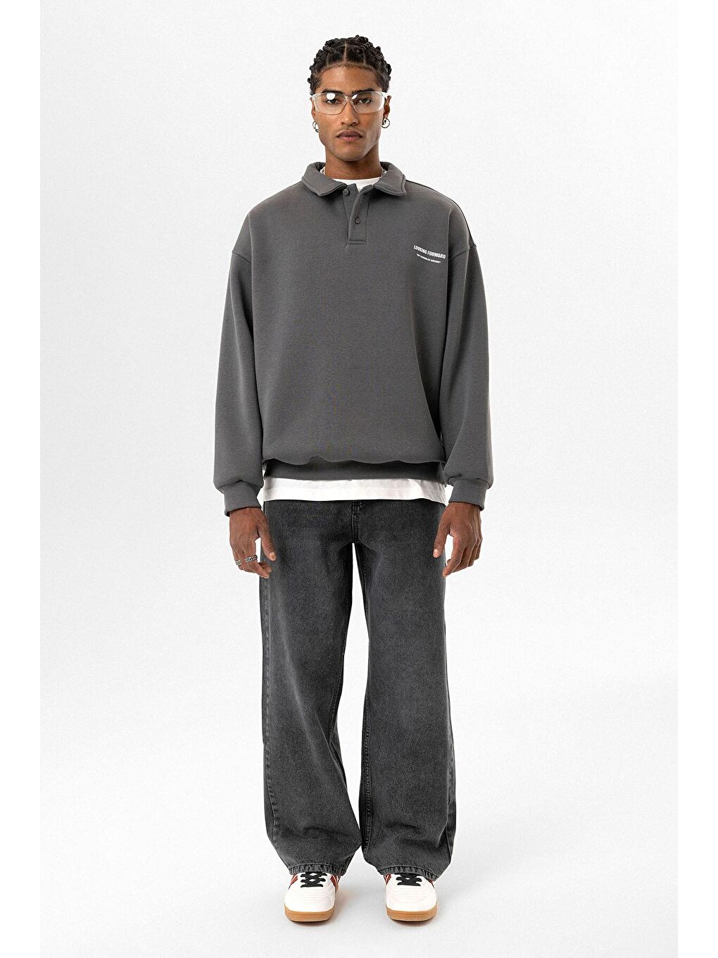 Gri Polo Yaka Baskılı Oversize Erkek Sweatshirt