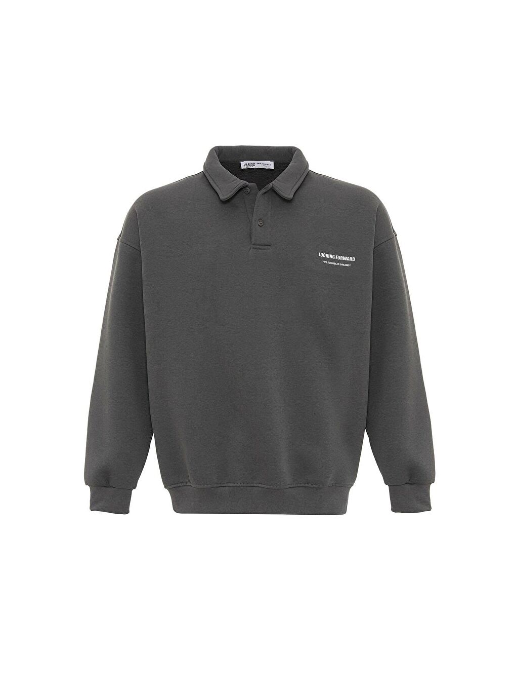 Gri Polo Yaka Baskılı Oversize Erkek Sweatshirt-1