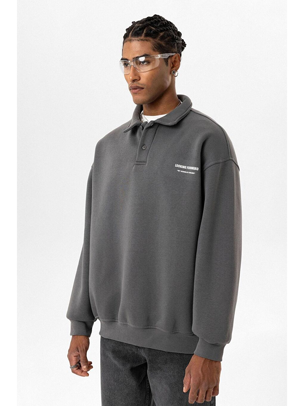Gri Polo Yaka Baskılı Oversize Erkek Sweatshirt-3