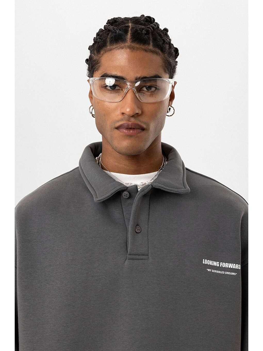 Gri Polo Yaka Baskılı Oversize Erkek Sweatshirt-4