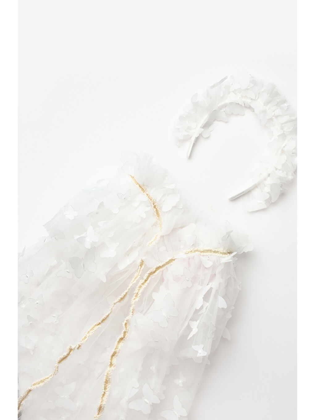 Ekru Kelebek Aplikeli Kız Çocuk Pelerin Asa Taç Set-2