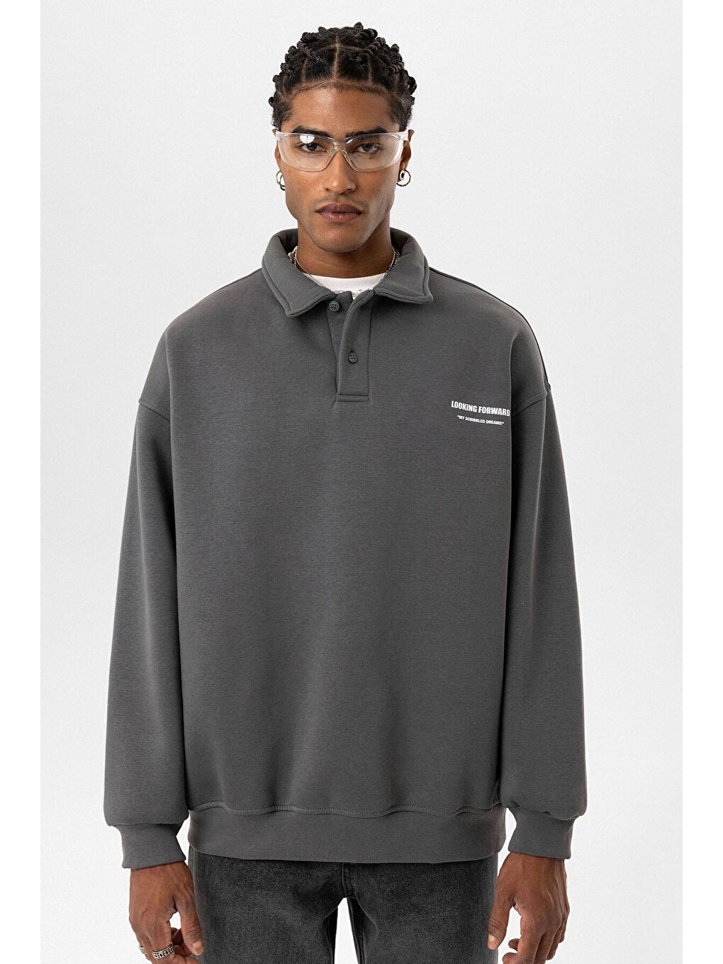 Gri Polo Yaka Baskılı Oversize Erkek Sweatshirt-7