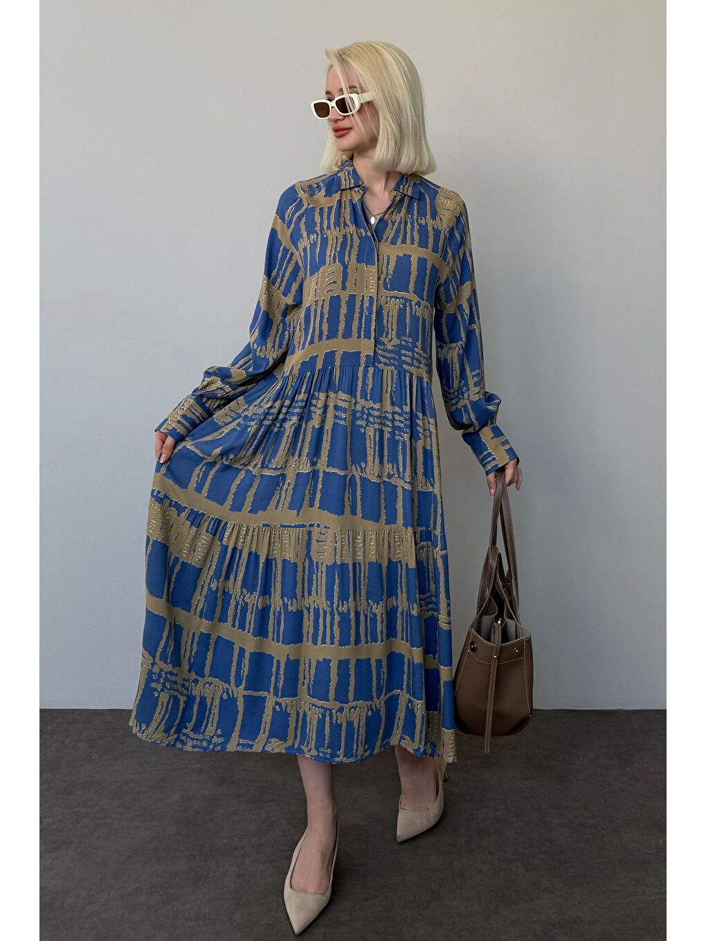 İndigo Uzun Kollu Düğmeli Desenli Elbise Mg2430-6