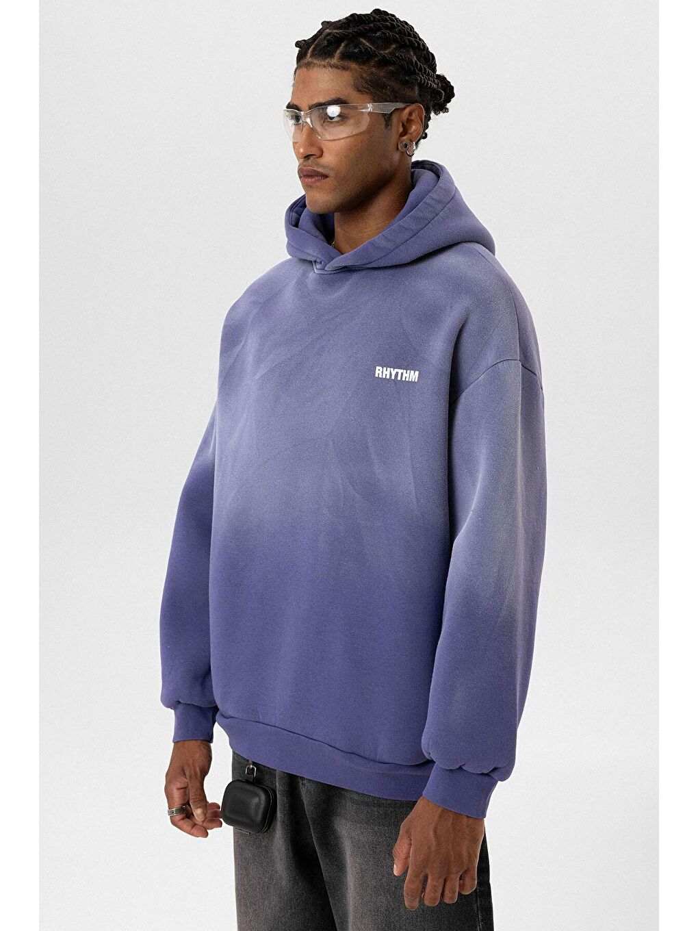 Mor Arka Baskılı Oversize Kapüşonlu  Erkek Hoodie-2