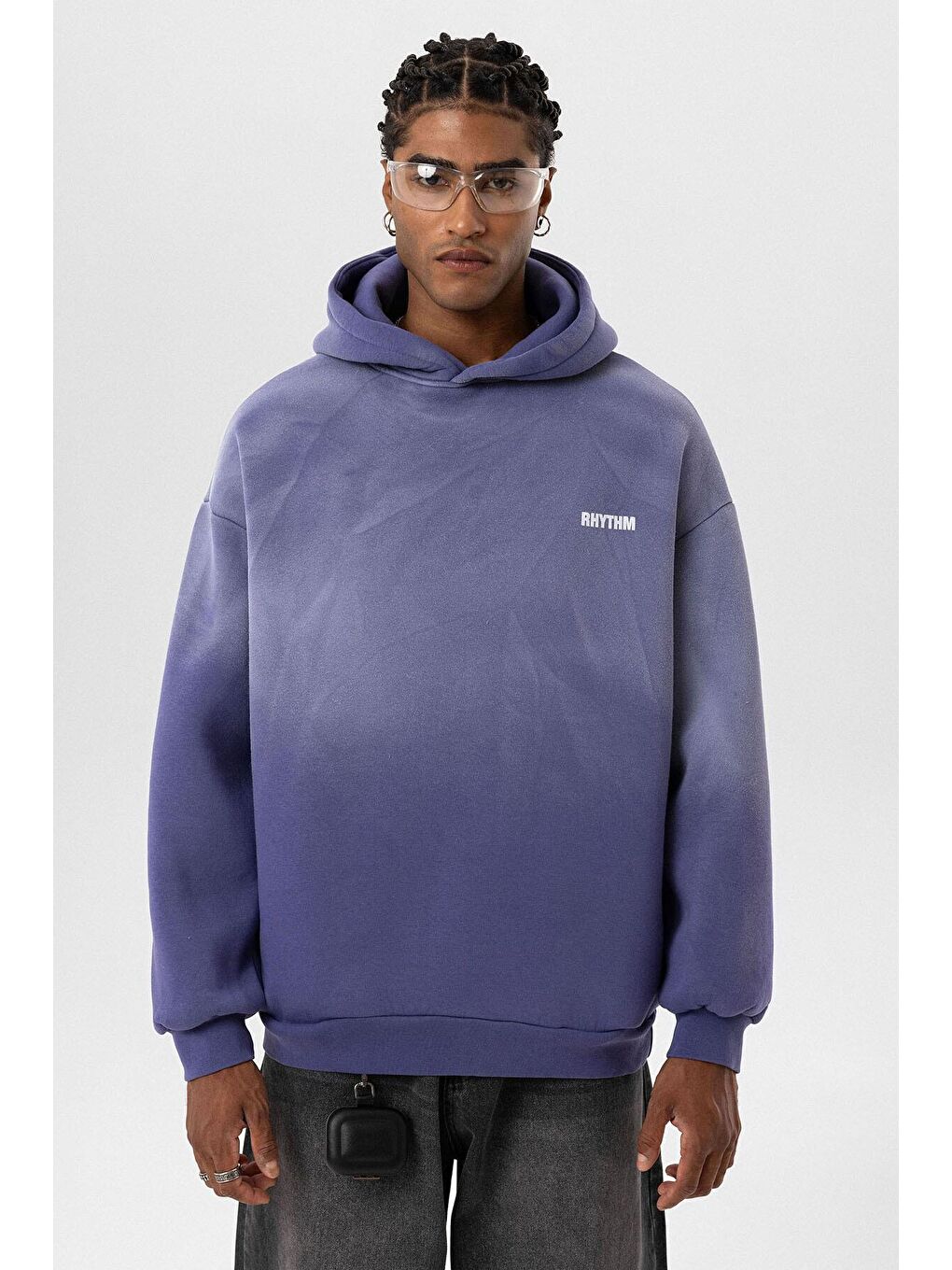 Mor Arka Baskılı Oversize Kapüşonlu  Erkek Hoodie-6