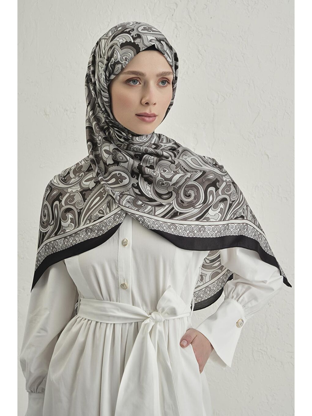 Gri Premium Pure Etnik Desen Şal 2 22-3