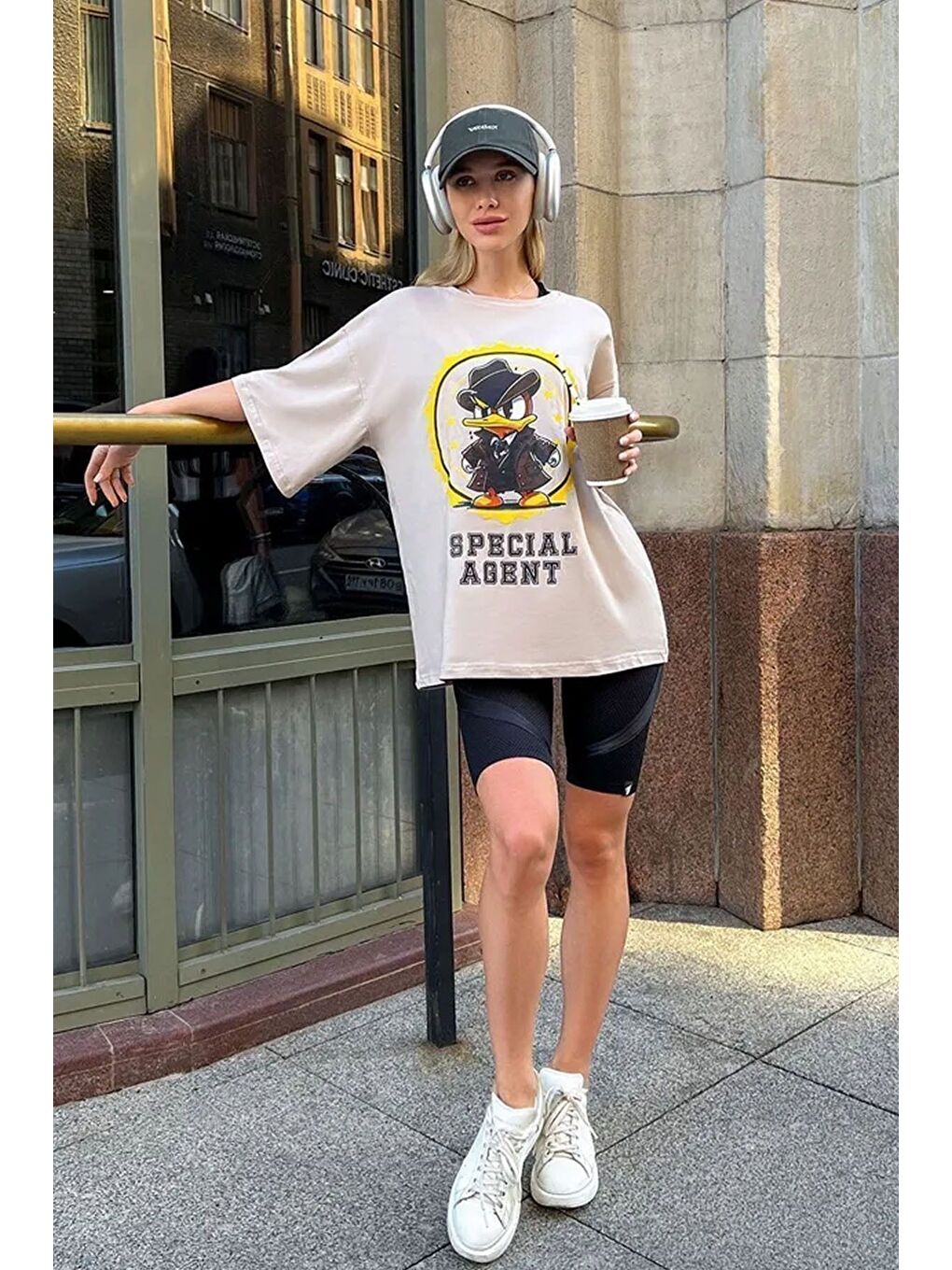 Bej Unisex Special Agent Baskılı Oversize Tshirt-2