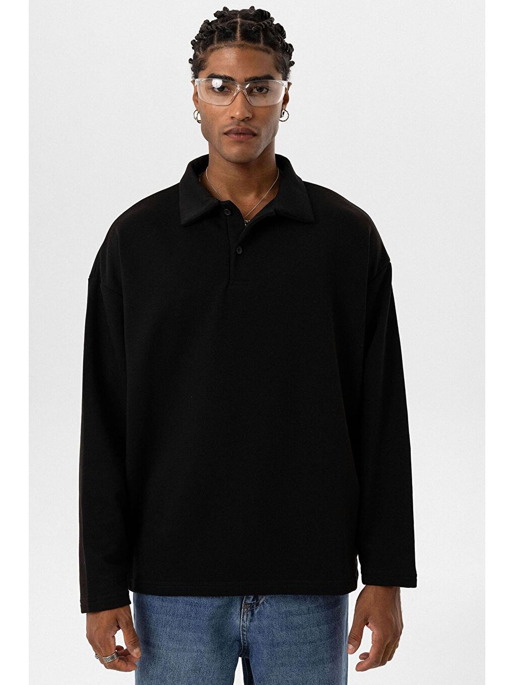 Siyah Basic Polo Yaka Erkek Sweatshirt