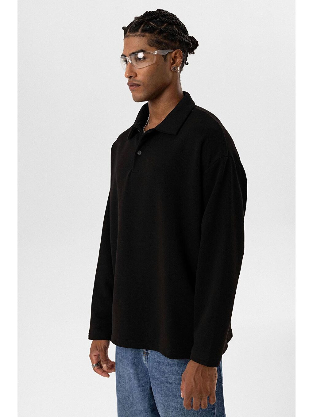 Siyah Basic Polo Yaka Erkek Sweatshirt-2