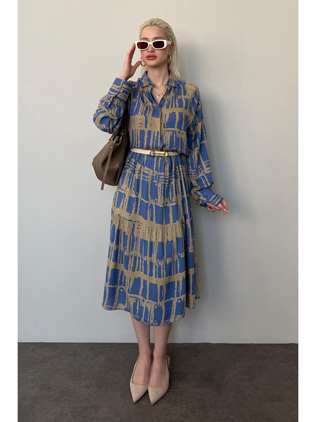 İndigo Uzun Kollu Düğmeli Desenli Elbise Mg2430-7