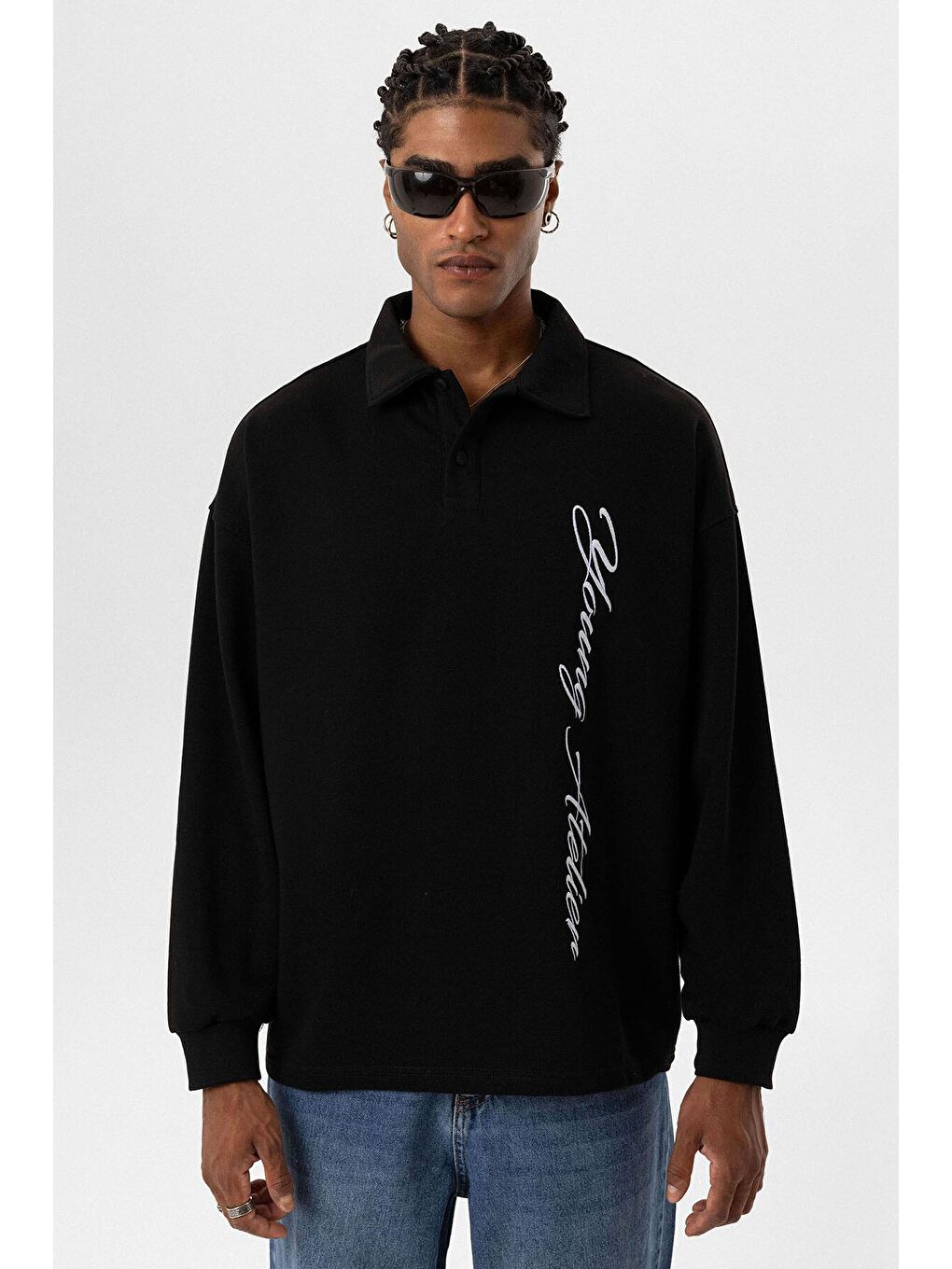 Polo Yaka Yazı Detaylı Oversıze Sweatshırt Siyah