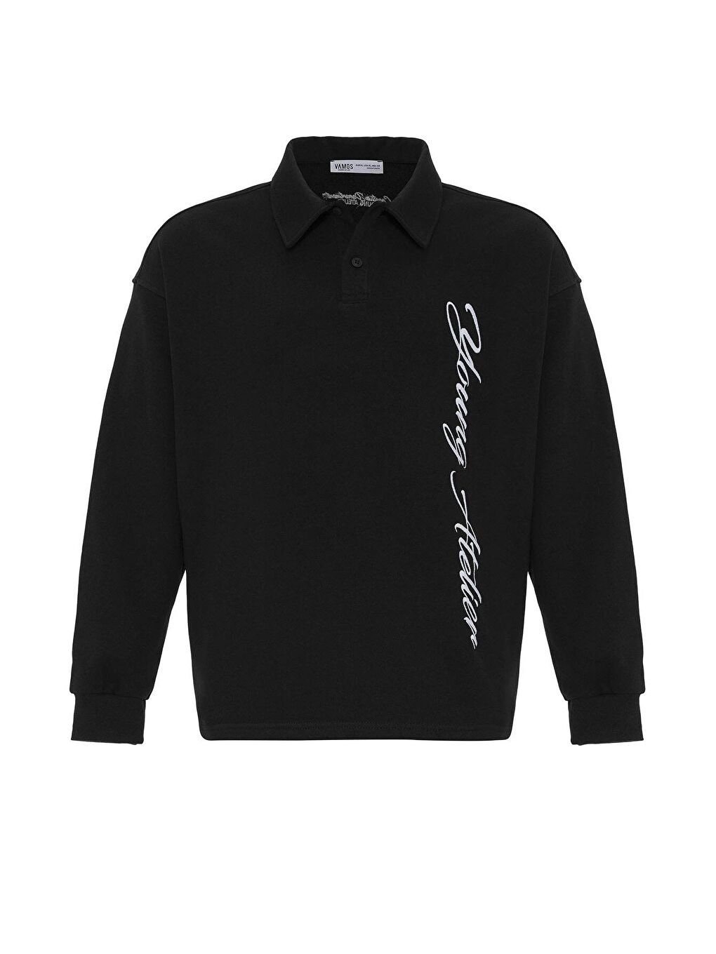 Polo Yaka Yazı Detaylı Oversıze Sweatshırt Siyah-1